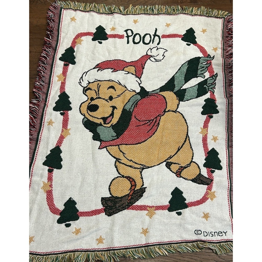 Disney Vintage Winnie the Pooh Skating Tapestry Afghan Throw Blanket Christmas